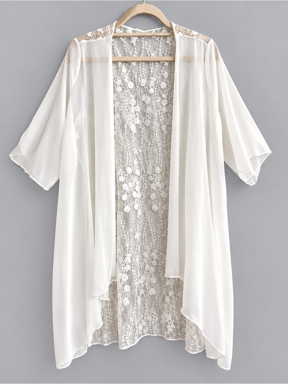 Sheer Lace-Back Kimono Robe in Ivory